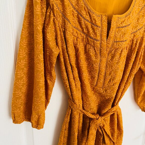 Anthropologie Daniel Rainn Mustard Yellow Embroidered Belted 3/4 Sleeve Dress - Picture 2 of 16